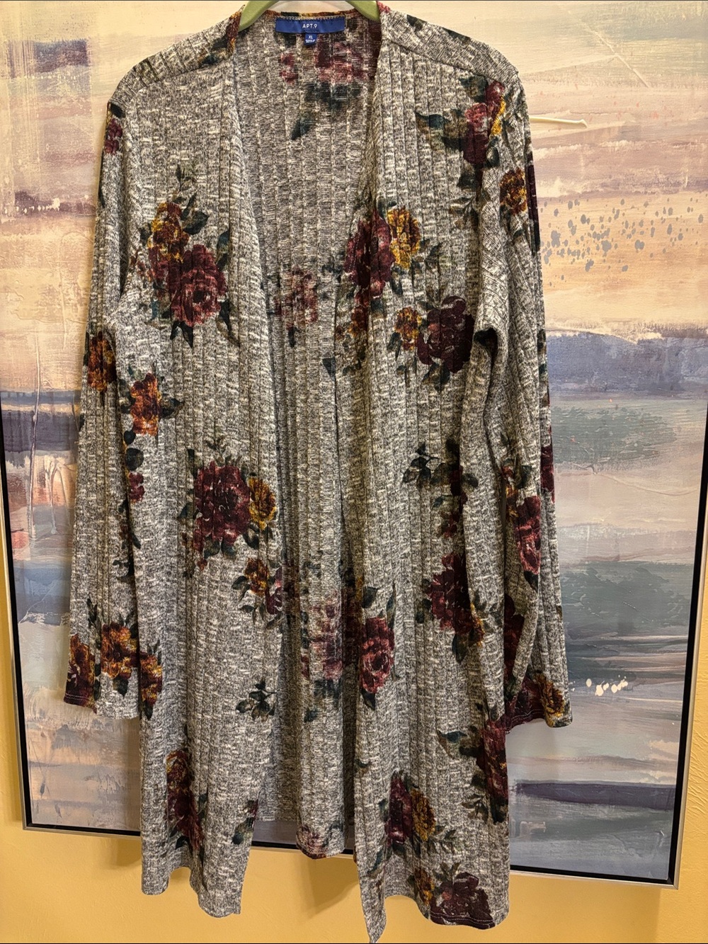 Apt. 9 Gray Floral Open Cardigan with Burgundy and Mustard Accents
